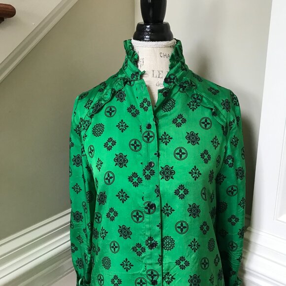 Suzie Winkle Katie Button Down Shirt Top Blouse Womens 36 Small Green Black - Picture 5 of 15